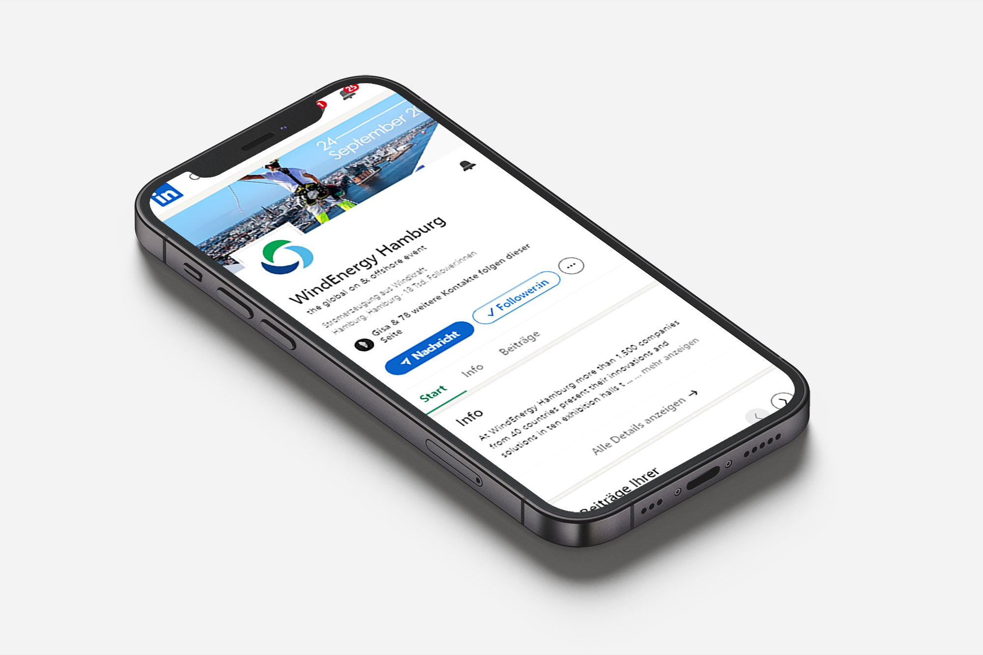 Cell phone with WindEnergy Hamburg LinkedIn profile